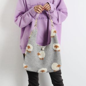 Plush Gray Lamb Tote Bag for Women, Soft and Cute Large Capacity Design, Trendy Niche Style