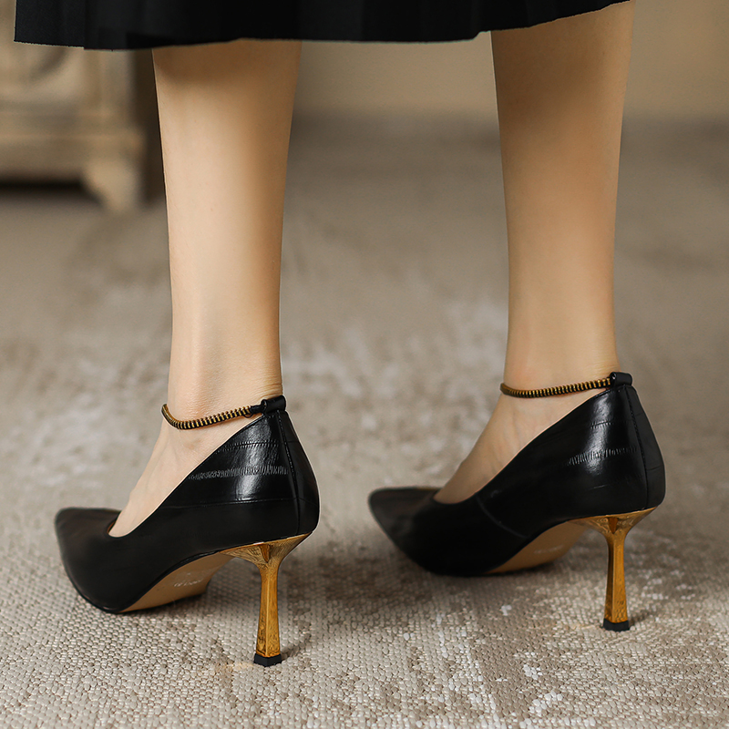 Pointed Toe French Genuine Leather T-Strap Zipper Stiletto Heels - Elegant Italian Design for Chic Style