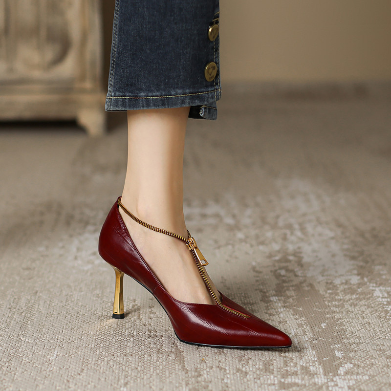 Pointed Toe French Genuine Leather T-Strap Zipper Stiletto Heels - Elegant Italian Design for Chic Style