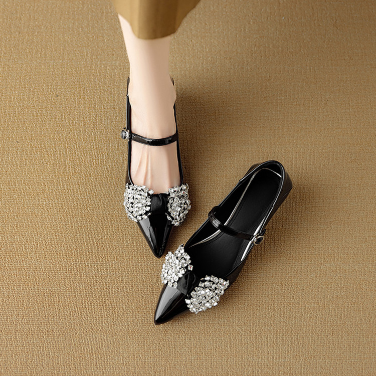 Pointed Toe French Rhinestone Bow Flat Shoes for Women - Italian Style Dimpled Design, Shallow Mouth, Chic Footwear