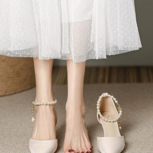 Pointed Toe High-Heeled Sandals for Women with Pearl Detail - Elegant Thin Heel Bridal and Bridesmaid Footwear