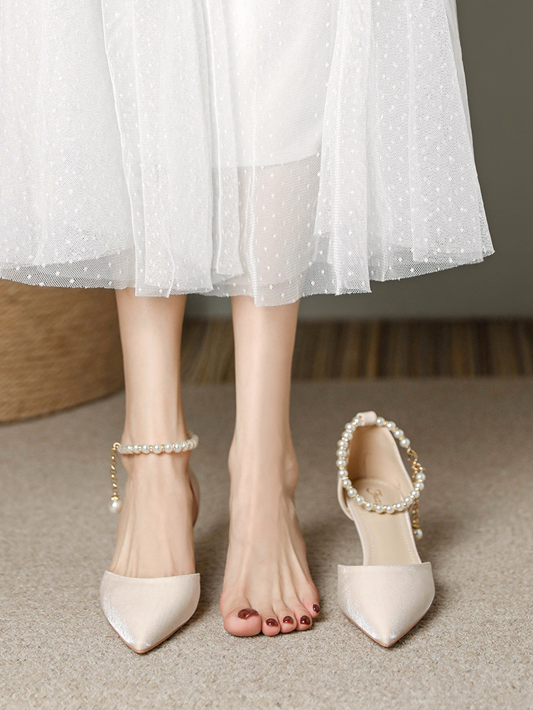Pointed Toe High-Heeled Sandals for Women with Pearl Detail - Elegant Thin Heel Bridal and Bridesmaid Footwear Pointed Toe High-Heeled Sandals for Women with Pearl Detail - Elegant Thin Heel Bridal and Bridesmaid Footwear