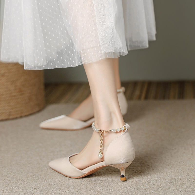 Pointed Toe High-Heeled Sandals for Women with Pearl Detail - Elegant Thin Heel Bridal and Bridesmaid Footwear