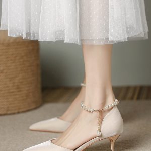 Pointed Toe High-Heeled Sandals for Women with Pearl Detail - Elegant Thin Heel Bridal and Bridesmaid Footwear