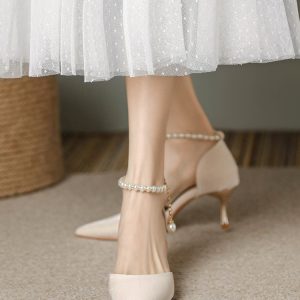 Pointed Toe High-Heeled Sandals for Women with Pearl Detail - Elegant Thin Heel Bridal and Bridesmaid Footwear