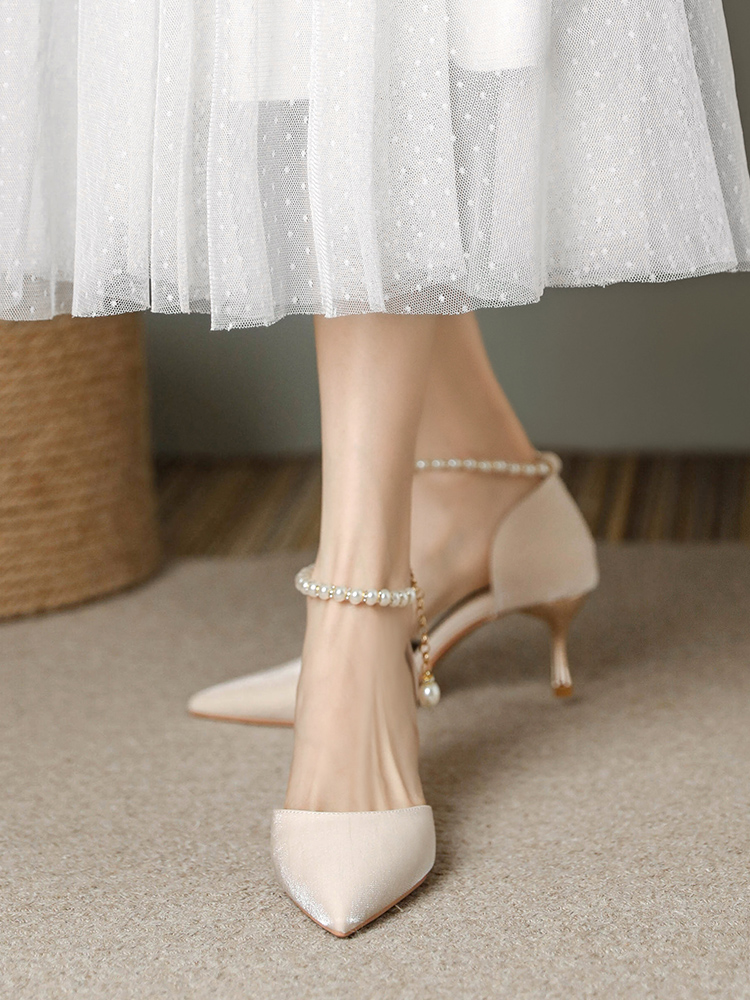 Pointed Toe High-Heeled Sandals for Women with Pearl Detail - Elegant Thin Heel Bridal and Bridesmaid Footwear Pointed Toe High-Heeled Sandals for Women with Pearl Detail - Elegant Thin Heel Bridal and Bridesmaid Footwear