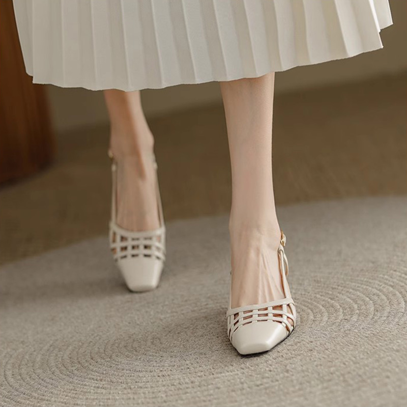 Pointed Toe High Heels with Thin Heels, Genuine Leather Chain Bag & Half Slippers - Trendy Outdoor Fashion Footwear