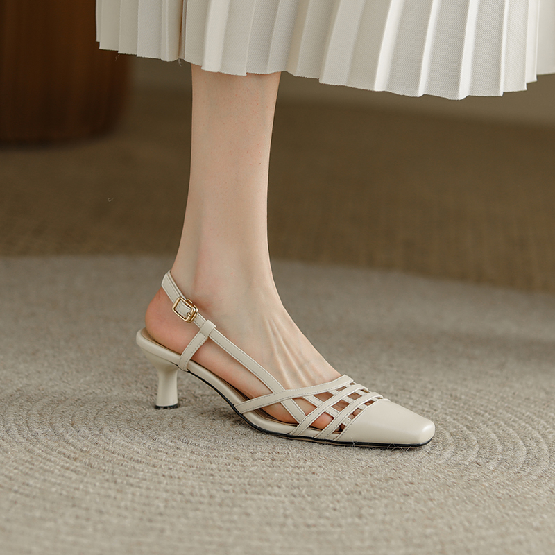 Pointed Toe High Heels with Thin Heels, Genuine Leather Chain Bag & Half Slippers - Trendy Outdoor Fashion Footwear