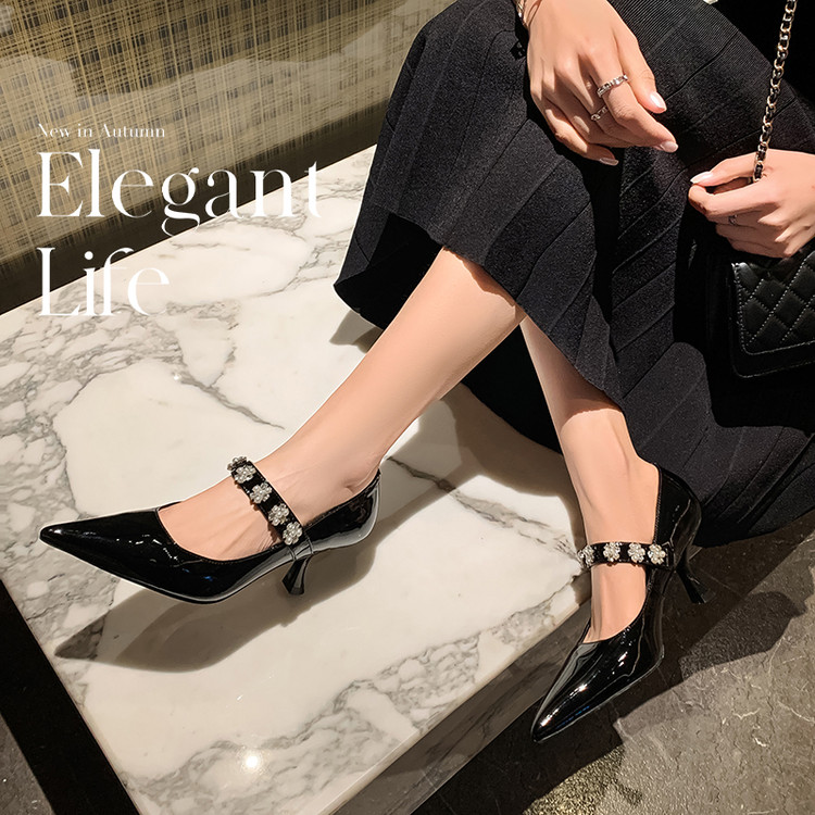 Pointed Toe Rhinestone Strap High Heels - Women's Fashionable Genuine Leather Mary Jane Shoes in Italian Style