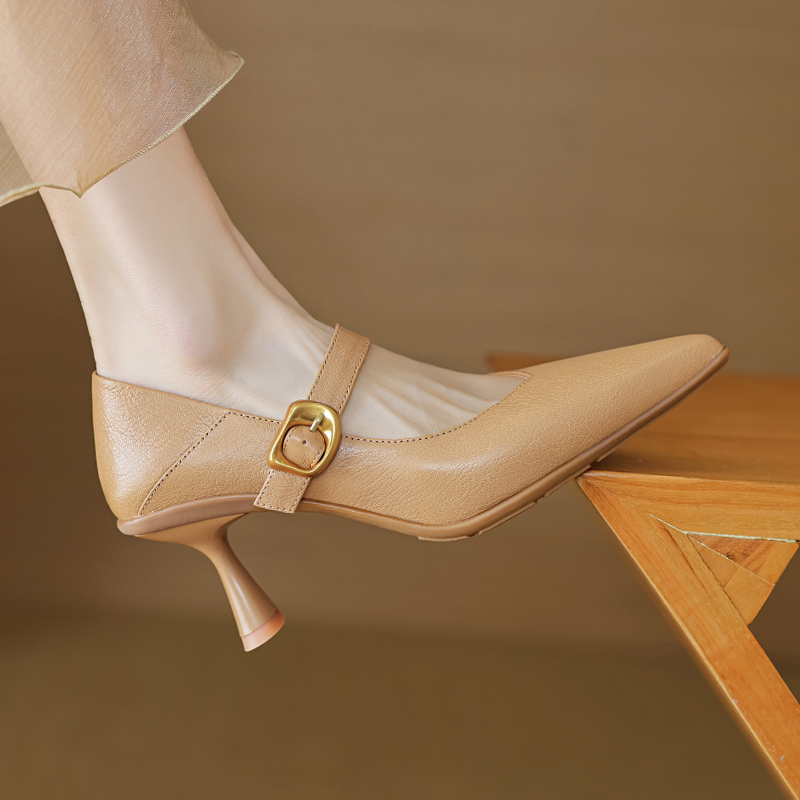 Pointed Toe Shallow Mouth High Heels - Vintage One-Strap Low-Heeled Sheepskin Shoes for Elegant Style