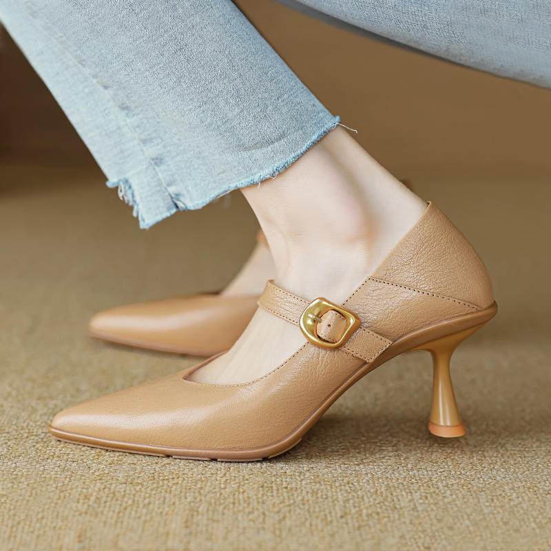 Pointed Toe Shallow Mouth High Heels - Vintage One-Strap Low-Heeled Sheepskin Shoes for Elegant Style