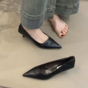 Pointed Toe Sheepskin Black High Heels for Women - Stylish French Slip-On Kitten Heel Flats for Commuting and Versatile Wear