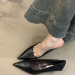 Pointed Toe Sheepskin Black High Heels for Women - Stylish French Slip-On Kitten Heel Flats for Commuting and Versatile Wear