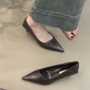 Pointed Toe Sheepskin Black High Heels for Women - Stylish French Slip-On Kitten Heel Flats for Commuting and Versatile Wear