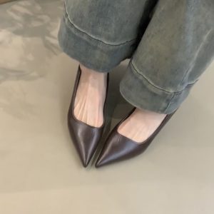 Pointed Toe Sheepskin Black High Heels for Women - Stylish French Slip-On Kitten Heel Flats for Commuting and Versatile Wear
