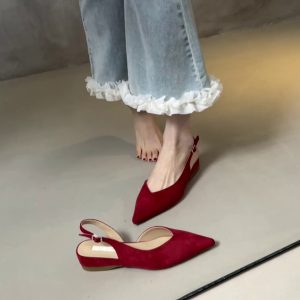 Pointed Toe Sheepskin Wedge Heeled Sandals for Women, French Minimalist Back Strap Evening Shoes, Chic Commuting Flats