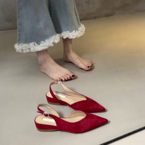 Pointed Toe Sheepskin Wedge Heeled Sandals for Women, French Minimalist Back Strap Evening Shoes, Chic Commuting Flats