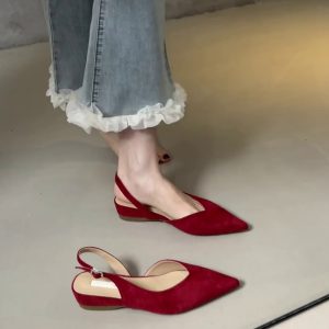 Pointed Toe Sheepskin Wedge Heeled Sandals for Women, French Minimalist Back Strap Evening Shoes, Chic Commuting Flats