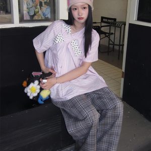 Polka Dot Bow Short Sleeve Shirt for Women - Pink Striped Blouse, French Sweet Top, Trendy Summer Fashion