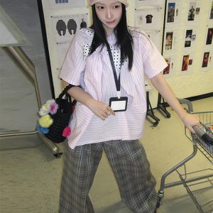 Polka Dot Bow Short Sleeve Shirt for Women - Pink Striped Blouse, French Sweet Top, Trendy Summer Fashion