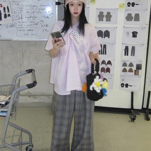 Polka Dot Bow Short Sleeve Shirt for Women - Pink Striped Blouse, French Sweet Top, Trendy Summer Fashion