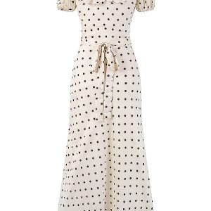 Polka Dot Print Ruffled V-Neck Puff Sleeve Dress for Women - Slimming Waist-Defining Long Dress, Perfect for 90s and Y2K Style