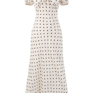 Polka Dot Print Ruffled V-Neck Puff Sleeve Dress for Women - Slimming Waist-Defining Long Dress, Perfect for 90s and Y2K Style