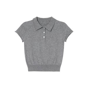 Polo Collar Raglan Sleeve Knitted Short Sleeve T-Shirt for Women - Slim Fit Summer 2025 Essential Top, Casual Chic Style