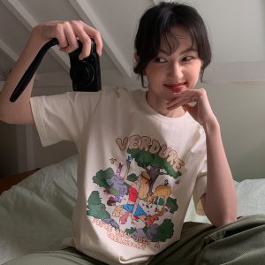 Printed Short Sleeve T-shirt for Women - Summer 2025 Pure Cotton Loose Fit, Ideal for Petite Sizes, Casual Everyday Style