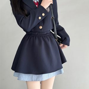 Pudding Bear JK Uniform Fake Two-Piece Shirt Dress - Waist-Cinching, Slimming Effect, College Style, Cute Short Set