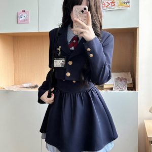 Pudding Bear JK Uniform Fake Two-Piece Shirt Dress - Waist-Cinching, Slimming Effect, College Style, Cute Short Set