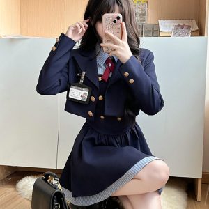 Pudding Bear JK Uniform Fake Two-Piece Shirt Dress - Waist-Cinching, Slimming Effect, College Style, Cute Short Set
