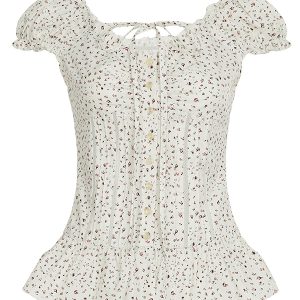 Puff Sleeve Lace-Trimmed Floral Shirt for Women - Cinched Waist Short Sleeve French Cardigan Style - Countryside Town Design