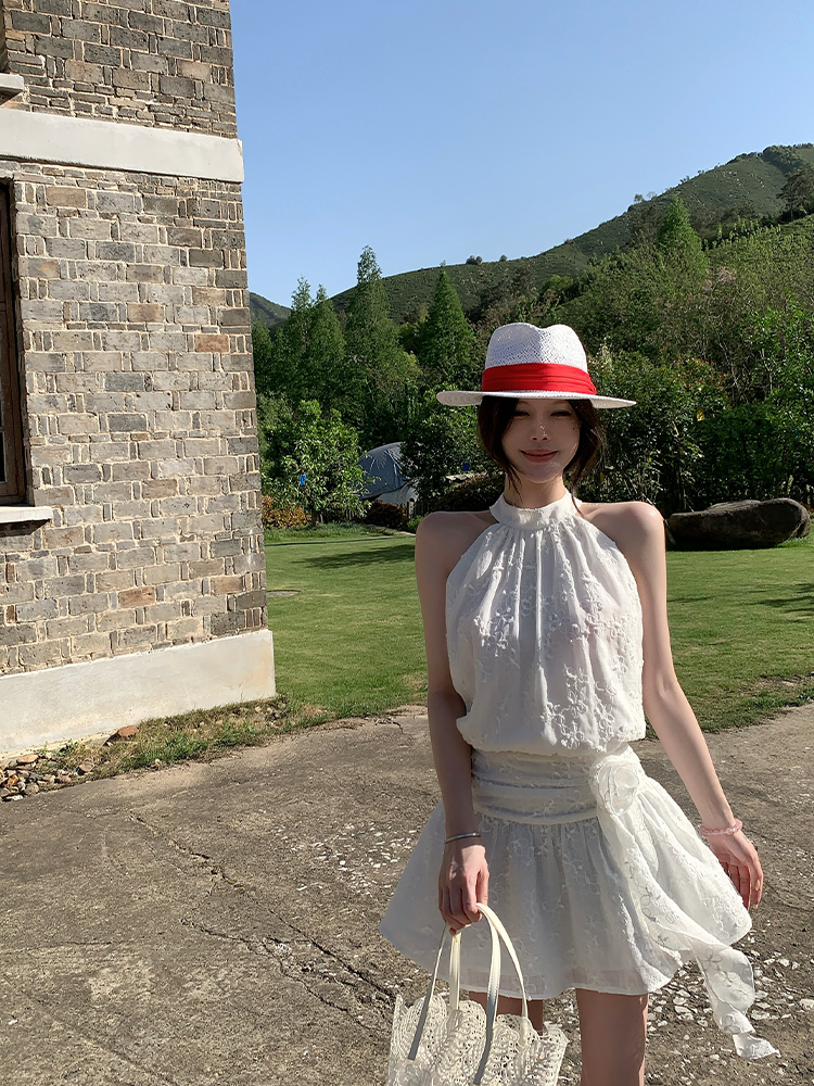 Pure White Magnolia Halter Neck Dress - Summer Waist-Defined French Sleeveless Short Dress for Effortless Chic Style Pure White Magnolia Halter Neck Dress - Summer Waist-Defined French Sleeveless Short Dress for Effortless Chic Style