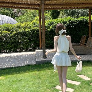 Pure White Magnolia Halter Neck Dress - Summer Waist-Defined French Sleeveless Short Dress for Effortless Chic Style