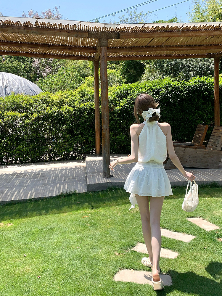 Pure White Magnolia Halter Neck Dress - Summer Waist-Defined French Sleeveless Short Dress for Effortless Chic Style Pure White Magnolia Halter Neck Dress - Summer Waist-Defined French Sleeveless Short Dress for Effortless Chic Style