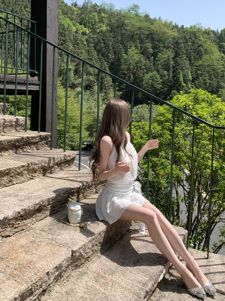 Pure White Magnolia Halter Neck Dress - Summer Waist-Defined French Sleeveless Short Dress for Effortless Chic Style Pure White Magnolia Halter Neck Dress - Summer Waist-Defined French Sleeveless Short Dress for Effortless Chic Style