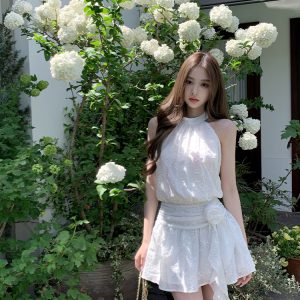 Pure White Magnolia Halter Neck Dress - Summer Waist-Defined French Sleeveless Short Dress for Effortless Chic Style