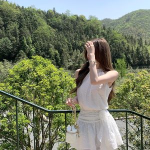 Pure White Magnolia Halter Neck Dress - Summer Waist-Defined French Sleeveless Short Dress for Effortless Chic Style