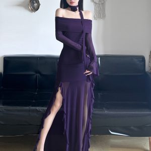 Purple Charm Off-Shoulder Sheer Long Dress with Bell Sleeves - Elegant Split Design for Women, Perfect for Special Occasions