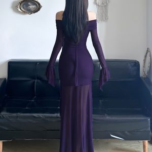Purple Charm Off-Shoulder Sheer Long Dress with Bell Sleeves - Elegant Split Design for Women, Perfect for Special Occasions