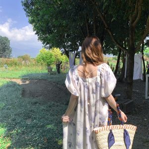 Purple Dream Butterfly Tie-Dye Tassel Short Sleeve Dress for Women - Summer Loose Fit Puff Sleeve Square Neck Fashion Dress