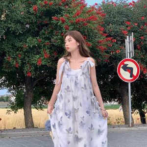 Purple Dream Butterfly Tie-Dye Tassel Short Sleeve Dress for Women - Summer Loose Fit Puff Sleeve Square Neck Fashion Dress