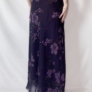 Purple Floral Mesh Long Skirt - Retro Chinese Style Low Waist Vintage Maxi Skirt for Women, Y2K Inspired Fashion