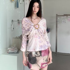 Purple Floral Patchwork V-Neck Knitted Short-Sleeve T-Shirt - Elastic Loose Fit Summer Top for Y2K and 90s Style
