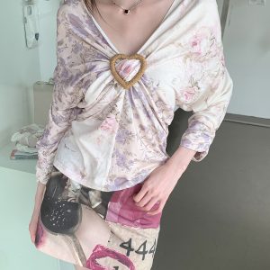 Purple Floral Patchwork V-Neck Knitted Short-Sleeve T-Shirt - Elastic Loose Fit Summer Top for Y2K and 90s Style