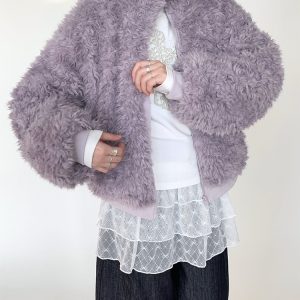 Purple Fluffy Long Lamb Wool Coat for Autumn & Winter, Loose Versatile Short Stand-Up Collar Outerwear