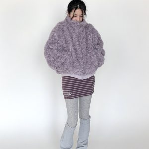 Purple Fluffy Long Lamb Wool Coat for Autumn & Winter, Loose Versatile Short Stand-Up Collar Outerwear