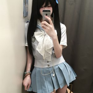 Purple Pudding Bear JK Uniform Sailor Suit Set - Short Sleeve College Style with Navy Collar for Girls