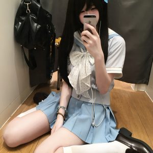 Purple Pudding Bear JK Uniform Sailor Suit Set - Short Sleeve College Style with Navy Collar for Girls